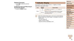 Page 2828
Before Use
Basic Guide
Advanced Guide
Camera Basics
Auto Mode
Other Shooting 
Modes
P Mode
Playback Mode
Wi-Fi Functions
Setting Menu
Accessories
Appendix
Index
Hybrid Auto / 
Dual Capture Mode
Deleting Characters
 
zTouch [] to delete the previous 
character.
Confirming Input and Returning to 
the Previous Screen
 
zPress the  button.
 Indicator Display
The indicator on the back of the camera ( =  3) lights up or blinks 
depending on the camera status.
Color Indicator 
Status Camera Status
Green On...