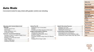 Page 3030
Before Use
Basic Guide
Advanced Guide
Camera Basics
Auto Mode
Other Shooting 
Modes
P Mode
Playback Mode
Wi-Fi Functions
Setting Menu
Accessories
Appendix
Index
Hybrid Auto / 
Dual Capture Mode
 Auto Mode
Convenient mode for easy shots with greater control over shooting
Shooting with Camera-Determined Settings ............................................................ 31
Shooting (Smart Auto) ........................................... 31
Scene Icons...