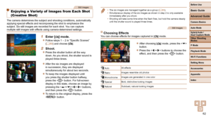 Page 6262
Before Use
Basic Guide
Advanced Guide
Camera Basics
Auto Mode
Other Shooting 
Modes
P Mode
Playback Mode
Wi-Fi Functions
Setting Menu
Accessories
Appendix
Index
Hybrid Auto / 
Dual Capture Mode
Still Images
  Enjoying a Variety of  Images from Each Shot 
(Creative Shot)
The camera determines the subject and shooting conditions, automatically\
 
applying special effects and recomposing the shot to emphasize the 
subject. Six still images are recorded for each shot. You can capture 
multiple still...