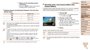 Page 6464
Before Use
Basic Guide
Advanced Guide
Camera Basics
Auto Mode
Other Shooting 
Modes
P Mode
Playback Mode
Wi-Fi Functions
Setting Menu
Accessories
Appendix
Index
Hybrid Auto / 
Dual Capture Mode
4  Return to the shooting screen and shoot.
 
zPress the  button to return to the 
shooting screen, and then shoot.
 Playback Speed and Estimated Playback Time (for One-
Minute Clips)
Speed Playback Time
Approx. 12 sec.
Approx. 6 sec.
Approx. 3 sec.
• The zoom is not available when shooting movies. Be sure to...