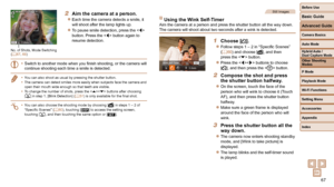 Page 6767
Before Use
Basic Guide
Advanced Guide
Camera Basics
Auto Mode
Other Shooting 
Modes
P Mode
Playback Mode
Wi-Fi Functions
Setting Menu
Accessories
Appendix
Index
Hybrid Auto / 
Dual Capture Mode
2  Aim the camera at a person.
 
zEach time the camera detects a smile, it 
will shoot after the lamp lights up.
 
zTo pause smile detection, press the < q> 
button. Press the  button again to 
resume detection.
•  Switch to another mode when you finish shooting, or the camera will 
continue shooting each time...