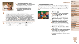 Page 6868
Before Use
Basic Guide
Advanced Guide
Camera Basics
Auto Mode
Other Shooting 
Modes
P Mode
Playback Mode
Wi-Fi Functions
Setting Menu
Accessories
Appendix
Index
Hybrid Auto / 
Dual Capture Mode
4  Face the camera and wink.
 
zThe camera will shoot about two seconds 
after detecting a wink by the person 
whose face is inside the frame.
 
zTo cancel shooting after you have 
triggered the self-timer, press the 
 button.
•  If the wink is not detected, wink again slowly and deliberately.
•  Winking may...