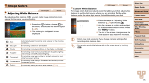 Page 7575
Before Use
Basic Guide
Advanced Guide
Camera Basics
Auto Mode
Other Shooting 
Modes
P Mode
Playback Mode
Wi-Fi Functions
Setting Menu
Accessories
Appendix
Index
Hybrid Auto / 
Dual Capture Mode
Image Colors
Still ImagesMovies
   Adjusting White Balance
By adjusting white balance (WB), you can make image colors look more 
natural for the scene you are shooting.
 
zPress the  button, choose [] in 
the menu, and choose the desired option 
(=
   25).
 
zThe option you configured is now 
displayed.
Auto...