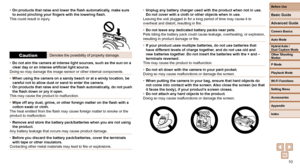 Page 1010
Before Use
Basic Guide
Advanced Guide
Camera Basics
Auto Mode
Other Shooting 
Modes
P Mode
Playback Mode
Wi-Fi Functions
Setting Menu
Accessories
Appendix
Index
Hybrid Auto / 
Dual Capture Mode
• On products that raise and lower the flash automatically, make sure 
to avoid pinching your fingers with the lowering flash.
This could result in injury.
CautionDenotes the possibility of property damage.
•  Do not aim the camera at intense light sources, such as the sun on a 
clear day or an intense...