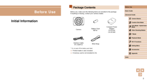 Page 22
Initial Information
Before Use
Package Contents
Before use, make sure the following items are included in the package.
If anything is missing, contact your camera retailer.
CameraBattery Pack
NB-9L* Compact Power 
Adapter
CA-DC30/ 
CA-DC30E
Interface Cable IFC-400PCU Wrist Strap
* Do not peel off the battery pack label.
 ●
Printed matter is also included.
 ●A memory card is not included ( = 3).

Basic Guide
Advanced Guide
1Camera Basics
2Creative Shot Mode
3Auto Mode / Hybrid Auto 
Mode
4Other Shooting...