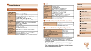 Page 133133
Wi-Fi
StandardsIEEE 802.11b/g/n*
* 2.4 GHz band only
Transmission 
Methods OFDM modulation (IEEE 802.11g/n)
DSSS modulation (IEEE 802.11b)
Communication 
Modes Infrastructure mode*
1, Ad hoc mode*2
*1 Supports Wi-Fi Protected Setup
*2 Wi-Fi CERTIFIED IBSS
Supported 
Channels 1 – 11 (PC2156/PC2183) or 1 – 13 (PC2181)
Model numbers indicated in parentheses
Security WEP, WPA-PSK (AES/TKIP),
WPA2-PSK (AES/TKIP)
Digital Zoom Focal Length (35mm film equivalent)
Digital Zoom 28 – 896 mm
(Represents the...