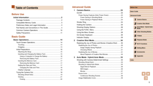 Page 55
Table of Contents
Before Use
Initial Information ..............................................................2
Package Contents ....................................................................2
Compatible Memory Cards....................................................... 3
Preliminary Notes and Legal Information
 ................................. 3
Part Names and Conventions in 

This Guide
 ............................4
Common Camera Operations
 ................................