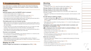 Page 138138
Before	Use
Basic	Guide
Advanced	Guide
Camera	Basics
Auto	Mode	/	Hybrid	Auto	Mode
Other	Shooting	Modes
P	Mode
Playback	Mode
Wi-Fi	Functions
Setting	Menu
Accessories
Appendix
Index
Troubleshooting
If you think there is a problem with the camera, first check the following. 
If the items below do not solve your problem, contact a Canon Customer 
Support Help Desk.
Power
Nothing	happens	when	the	ON/OFF	button	is	pressed.
•	Confirm that the battery pack is charged ( =  10).
•	 Confirm that the battery pack...