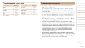 Page 153153
Before	Use
Basic	Guide
Advanced	Guide
Camera	Basics
Auto	Mode	/	Hybrid	Auto	Mode
Other	Shooting	Modes
P	Mode
Playback	Mode
Wi-Fi	Functions
Setting	Menu
Accessories
Appendix
Index
Playback Mode FUNC. Menu
ItemRef.	Page ItemRef.	Page
Rotate =
  78Play Movie
=  66
Protect =
  73Play Linked Digest Movie
=  68
Favorites =
  79Smart Shuffle
=  72
Erase =
  76Image Search
=  69
Print =
  130Slideshow
=  71
Group Playback =
  70
Handling Precautions
•	The camera is a high-precision electronic device. Avoid...