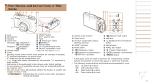 Page 33
Part Names and Conventions in This 
Guide
 Lens Microphone Speaker Zoom lever
Shooting:    /  

Playback:
    /  

 Shutter button Lamp
 ON/OFF button Wi-Fi antenna area Flash  switch  (N-Mark)* Tripod socket DC coupler terminal cover Memory card/battery cover* Used with NFC features ( =  91).
•	Shooting modes and on-screen icons and text are indicated in brackets.
•	: Important information you should know
•	: Notes and tips for expert camera use
•	 =xx: Pages with related information (in this example,...