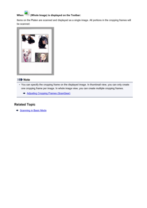 Page 163When  (Whole Image) is displayed on the Toolbar:
Items on the Platen are scanned and displayed as a single image. All portions in the cropping frames will
be scanned.
Note
•
You can specify the cropping frame on the displayed image. In thumbnail view, you can only create one cropping frame per image. In whole image view, you can create multiple cropping frames.
Adjusting Cropping Frames (ScanGear)
Related Topic
Scanning in Basic Mode
163
 