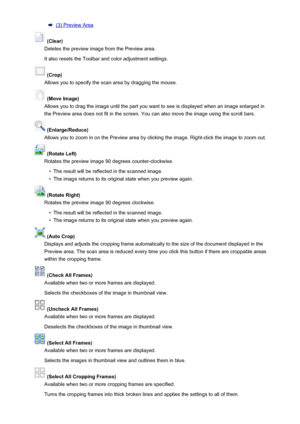 Page 167(3) Preview Area
 (Clear)
Deletes the preview image from the Preview area.
It also resets the Toolbar and color adjustment settings.
 (Crop)
Allows you to specify the scan area by dragging the mouse.
 (Move Image)
Allows you to drag the image until the part you want to see is displayed when an image enlarged in
the Preview area does not fit in the screen. You can also move the image using the scroll bars.
 (Enlarge/Reduce)
Allows you to zoom in on the Preview area by clicking the image. Right-click the...