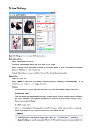 Page 172Output Settings
Output Settings allows you to set the following items:
Output Resolution Select the resolution to scan at.
The higher the resolution (value), the more detail in your image. Select a resolution from the options displayed by clicking the button, or enter a value within the range of25 dpi to 19200 dpi (in 1 dpi increments).
Refer to "Resolution" for your model from Home of the  Online Manual for details.
Output Size Select an output size.
Select  Flexible  to set custom sizes or...