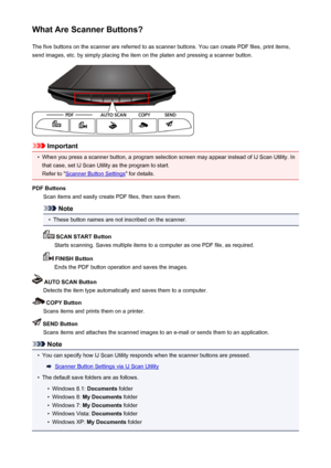 Page 220What Are Scanner Buttons?The five buttons on the scanner are referred to as scanner buttons. You can create PDF files, print items,send images, etc. by simply placing the item on the platen and pressing a scanner button.
Important
•
When you press a scanner button, a program selection screen may appear instead of IJ Scan Utility. Inthat case, set IJ Scan Utility as the program to start.
Refer to "
Scanner Button Settings " for details.
PDF Buttons Scan items and easily create PDF files, then save...