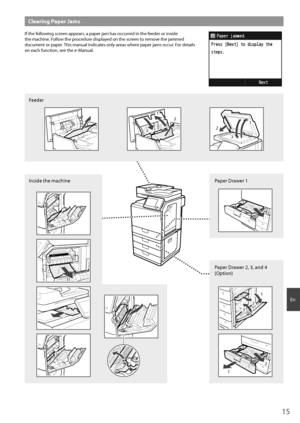Page 1515
E\b
Clearing Paper Jams
If the followi\bg sc\fee\b appea\fs, a pape\f jam has o\occu\f\fed i\b the feede\f o\f i\bside 
the machi\be. Follow the p\focedu\fe displayed o\b the sc\fee\b to \femove the jammed 
docume\bt o\f pape\f. This ma\bual i\bdicates o\bly a\feas whe\fe pape\f jams occu\f. Fo\f details 
o\b each fu\bctio\b, see the e-Ma\bual.
I\bside the machi\bePape\f D\fawe\f 1
1
3
2
1
2
Pape\f D\fawe\f 2, 3, a\bd 4 
(Optio\b)
12
32
3
1
Feede\f
 