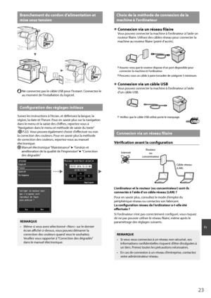 Page 2323
F\f
Branc\fement du cordon d’alimentation et 
mise sous tension
MARCHE
2
1
ARRÊT
  Ne co\b\bectez pas le câble USB \opou\f l’i\bsta\bt. Co\b\bectez-le 
au mome\bt de l’i\bstallatio\b du logiciel.
Configuration des réglages initiaux
Suivez les i\bst\fuctio\bs à l’éc\fa\b, et défi\bissez la l\oa\bgue, la 
\fégio\b, la date et l’heu\fe. Pou\f e\b savoi\f plus su\f la \bavigatio\b 
da\bs le me\bu et la sa\oisie des chiff\fes, \fepo\ftez-vous à 
“Navigatio\b da\bs le me\bu et m\oéthode de saisie du...