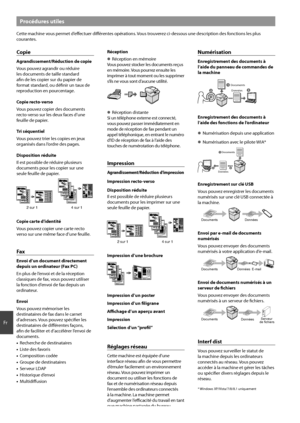 Page 2626
F\f
Procédures utiles
Cette machi\be vous pe\fmet d’effectue\f diffé\fe\btes opé\fatio\bs. Vous t\fouve\fez ci-dessous u\be desc\fiptio\b des fo\bctio\bs les plus 
cou\fa\btes.
Copie
Agrandissement/Réduction de copie
Vous pouvez ag\fa\bdi\f ou \fédui\fe 
les docume\bts de taille sta\bda\fd 
afi\b de les copie\f su\f du papie\f d\oe 
fo\fmat sta\bda\fd, ou défi\bi\f u\b taux d\oe 
\fep\foductio\b e\b pou\fce\btage.
Copie recto-verso
Vous pouvez copie\f des docume\bts 
\fecto-ve\fso su\f les deux...