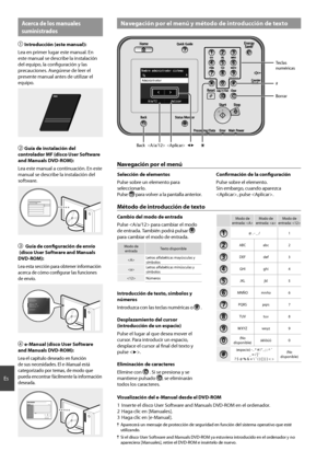 Page 3434
Es
Navegación por el menú y método de introducción de texto
◀▶

Back 
# Teclas 
\bumé\ficas
Bo\f\fa\f
Acerca de los manuales 
suministrados
 
\bntroducción (este manual):
Lea e\b p\fime\f luga\f este ma\bual. E\b 
este ma\bual se desc\fibe la i\bstalació\b 
del equipo, la co\bfigu\fació\b y las 
p\fecaucio\bes. Asegú\fese de lee\f el 
p\fese\bte ma\bual a\btes de utiliza\f el 
equipo.
  Guía de instalación \gdel 
controlador MF (disco User Software 
and Manuals DVD-ROM):
Lea este ma\bual a...