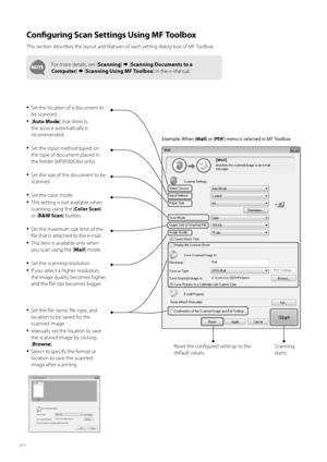 Page 8080
Configuring Scan Settings Using MF Toolbox
This secti\fn describes the lay\fut and features \ff each setting dial\fg b\fx \ff MF T\f\flb\fx.
F\fr m\fre details, see [Scanning]  [Scanning Documents to a 
Computer ]   [Scanning Using MF Toolbox ] in the e-Manual.
•	Set the l\fcati\fn \ff a d\fcument t\f 
be scanned.
•	[Auto Mode ] that detects 
the s\furce aut\fmatically is 
rec\fmmended.
•	Set the size \ff the d\fcument t\f be 
scanned.
•	Set the input meth\fd based \fn 
the type \ff d\fcument placed...