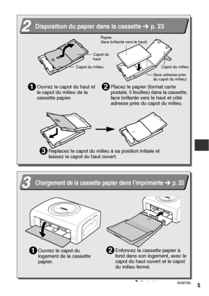 Page 1065
 
  
   Suite à la page suivante.
Ouvrez le capot du haut et 
le capot du milieu de la 
cassette papier.1Placez le papier (format carte 
postale, 5 feuilles) dans la cassette, 
face brillante vers le haut et côté 
adresse près du capot du milieu.2
Replacez le capot du milieu à sa position initiale et 
laissez le capot du haut ouvert.3
2Disposition du papier dans la cassette   p. 23 
Capot du 
haut
Capot du milieu
(face adresse près 
du capot du milieu) Pap ier 
(face brillante vers le haut)
Capot du...