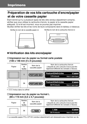 Page 12120
Imprimons
Préparation de vos kits cartouche d’encre/papier 
et de votre cassette papier
Étant donné qu’il y a plusieurs types de kits (kits vendus séparément compris), 
vérifiez que vous utilisez la cartouche d’encre, le papier et la cassette papier 
adéquats. Si le kit est incorrect, vous ne pourrez pas imprimer.
Veuillez vérifier les kits et les noms de leurs composants dans le tableau ci-dessous.
„
„„ „Vérification des kits encre/papier
†
†† †Impression sur du papier au format carte postale 
(100 x...