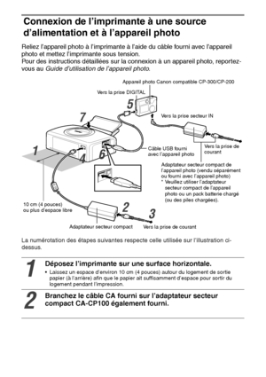 Page 12726
Connexion de l’imprimante à une source 
d’alimentation et à l’appareil photo
Reliez l’appareil photo à l’imprimante à l’aide du câble fourni avec l’appareil 
photo et mettez l’imprimante sous tension.
Pour des instructions détaillées sur la connexion à un appareil photo, reportez-
vous au Guide d’utilisation de l’appareil photo.
La numérotation des étapes suivantes respecte celle utilisée sur l’illustration ci-
dessus. 
1
Déposez l’imprimante sur une surface horizontale.
 Laissez un espace d’environ...