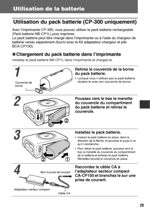 Page 13029
Utilisation de la batterie
Utilisation du pack batterie (CP-300 uniquement)
Avec l’imprimante CP-300, vous pouvez utiliser le pack batterie rechargeable 
(Pack batterie NB-CP1L) pour imprimer.
Le pack batterie peut être chargé dans l’imprimante ou à l’aide du chargeur de 
batterie vendu séparément (fourni avec le Kit adaptateur chargeur et pile 
BCA-CP100).
„
„„ „Chargement du pack batterie dans l’imprimante
Installez le pack batterie NB-CP1L dans l’imprimante et chargez-le.
1
Retirez le couvercle de...