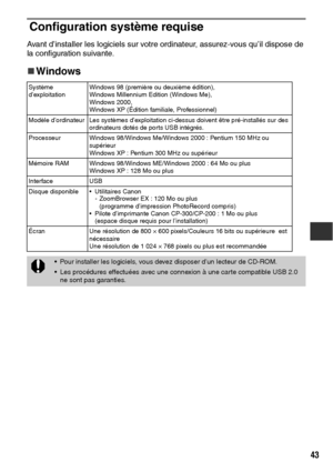 Page 14443
Configuration système requise
Avant d’installer les logiciels sur votre ordinateur, assurez-vous qu’il dispose de 
la configuration suivante.
„
„„ „Windows 
Système 
d’exploitationWindows 98 (première ou deuxième édition),
Windows Millennium Edition (Windows Me),
Windows 2000,
Windows XP (Édition familiale, Professionnel)
Modèle d’ordinateur Les systèmes d’exploitation ci-dessus doivent être pré-installés sur des 
ordinateurs dotés de ports USB intégrés.
Processeur Windows 98/Windows Me/Windows 2000 :...