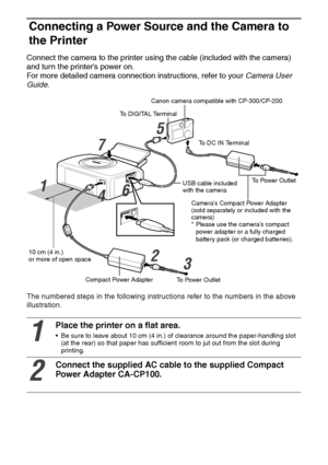 Page 2726
Connecting a Power Source and the Camera to 
the Printer
Connect the camera to the printer using the cable (included with the camera) 
and turn the printer’s power on.
For more detailed camera connection instructions, refer to your Camera User 
Guide.
The numbered steps in the following instructions refer to the numbers in the above 
illustration. 
1
Place the printer on a flat area.
 Be sure to leave about 10 cm (4 in.) of clearance around the paper-handling slot 
(at the rear) so that paper has...