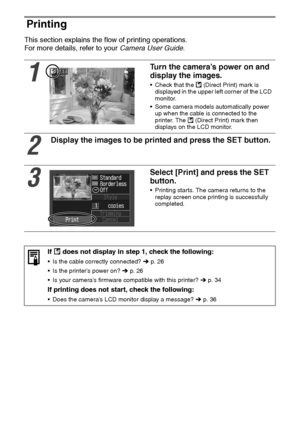 Page 2928
Printing
This section explains the flow of printing operations.
For more details, refer to your Camera User Guide.  
1
Turn the camera’s power on and 
display the images.
 Check that the   (Direct Print) mark is 
displayed in the upper left corner of the LCD 
monitor.
 Some camera models automatically power 
up when the cable is connected to the 
printer. The   (Direct Print) mark then 
displays on the LCD monitor.
2
Display the images to be printed and press the SET button.
3
Select [Print] and...