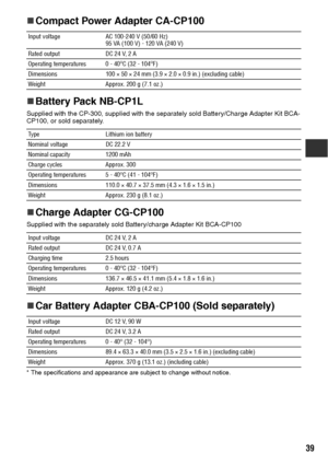 Page 4039
„
„„ „Compact Power Adapter CA-CP100
„
„„ „Battery Pack NB-CP1L
Supplied with the CP-300, supplied with the separately sold Battery/Charge Adapter Kit BCA-
CP100, or sold separately.
„
„„ „Charge Adapter CG-CP100
Supplied with the separately sold Battery/charge Adapter Kit BCA-CP100
„
„„ „Car Battery Adapter CBA-CP100 (Sold separately)
* The specifications and appearance are subject to change without notice.Input voltage AC 100-240 V (50/60 Hz)
95 VA (100 V) - 120 VA (240 V)
Rated output DC 24 V, 2 A...