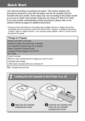 Page 54
Quick Start
Let’s start by printing on postcard size paper. This section explains the 
procedures required to print with the paper and the ink cassette (trial kit) 
included with your printer. Some steps may vary according to the printer model 
so be sure to check which printer model you are using (CP-300 or CP-200).
If you have trouble understanding certain procedures, please refer to the 
relevant reference pages for detailed instructions.
* General camera descriptions in this guide refer to digital...