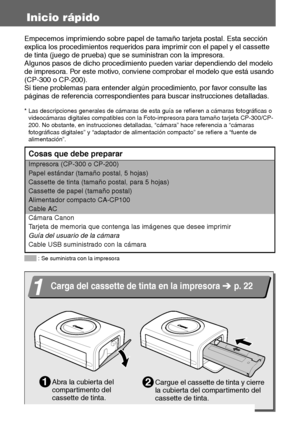 Page 554
Inicio rápido
Empecemos imprimiendo sobre papel de tamaño tarjeta postal. Esta sección 
explica los procedimientos requeridos para imprimir con el papel y el cassette 
de tinta (juego de prueba) que se suministran con la impresora.
Algunos pasos de dicho procedimiento pueden variar dependiendo del modelo 
de impresora. Por este motivo, conviene comprobar el modelo que está usando 
(CP-300 o CP-200).
Si tiene problemas para entender algún procedimiento, por favor consulte las 
páginas de referencia...