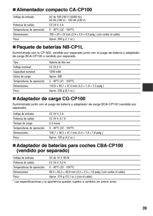 Page 9039
„
„„ „Alimentador compacto CA-CP100
„
„„ „Paquete de bater
ías NB-CP1L
Suministrado con la CP-300, vendido por separado junto con el juego de batería y adaptador 
de carga BCA-CP100 o vendido por separado.
„
„„ „Adaptador de carga CG-CP100
Suministrado junto con el juego de batería y adaptador de carga BCA-CP100 (vendido por 
separado).
„
„„ „Adaptador de baterías para coches CBA-CP100 
(vendido por separado)
* Las especificaciones y la apariencia quedan sujetos a cambios sin previo aviso.Voltaje de...