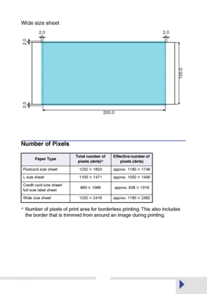 Page 4747
Wide size sheet
Number of Pixels
*Number of pixels of print area for borderless printing. This also includes 
the border that is trimmed from around an image during printing.
Paper TypeTotal number of 
pixels (dots)*Effective number of 
pixels (dots)
Postcard size sheet 1232 
× 1823 approx. 1180 × 1748
L size sheet 1100 
× 1471 approx. 1050 × 1406
Credit card size sheet/
full-size label sheet669 
× 1066 approx. 638 × 1016
Wide size sheet  1232 
× 2416 approx. 1180 × 2362
2.0
2.0
2.02.0
100.0
200.0
 