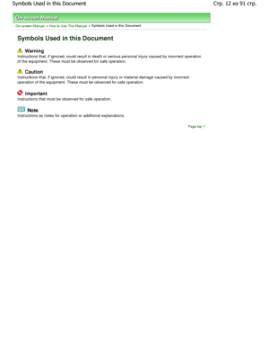Page 12On-screen Manual > How to Use This Manual > Symbols Used in this Document
Symbols Used in this Document
 Warning 
Instructions that, if ignored, could result in deat h or serious personal injury caused by incorrect op eration
of the equipment. These must be observed for safe o peration.
 Caution 
Instructions that, if ignored, could result in pers onal injury or material damage caused by incorrect
operation of the equipment. These must be observed  for safe operation.
 Important 
Instructions that must...