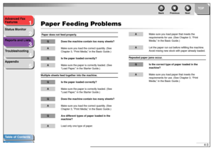 Page 371
2
3
4
5
TOP
Back Previous Next
4-3 Advanced Fax 
Features
Status Monitor
Reports and Lists
Troubleshooting
Appendix
Table of Contents
Index
Paper Feeding Problems Paper does not feed properly.
Q Does the machine contain too many sheets?AMake sure you load the correct quantity. (See 
Chapter 3, “Print Media,” in the Basic Guide.)Q Is the paper loaded correctly?AMake sure the paper is correctly loaded. (See 
“Load Paper,” in the Starter Guide.)
Multiple sheets feed together into the machine.Q Is the...