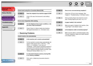 Page 401
2
3
4
5
TOP
Back Previous Next
4-6 Advanced Fax 
Features
Status Monitor
Reports and Lists
Troubleshooting
Appendix
Table of Contents
Index
■Receiving ProblemsCannot send using Error Correction Mode (ECM).
Q Does the recipient’s fax machine support ECM?AIf this is the case, the document is sent without 
ECM.
Errors occur frequently while sending.Q Are the telephone lines in poor condition, or do 
you have a bad connection?ACheck if there is a device nearby that interferes 
with signal transmission...