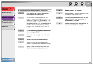 Page 411
2
3
4
5
TOP
Back Previous Next
4-7 Advanced Fax 
Features
Status Monitor
Reports and Lists
Troubleshooting
Appendix
Table of Contents
Index
No automatic switching between telephone and fax calls.
Q Is the machine set to switch automatically 
between telephone and fax calls?AFor the machine to switch between fax and 
telephone calls automatically, the receive mode 
must be set to  or . If you 
have set , confirm that an answering 
machine is connected to the machine and that it is 
turned on with an...