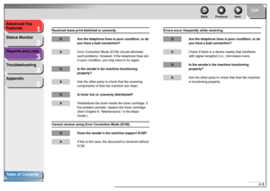 Page 431
2
3
4
5
TOP
Back Previous Next
4-9 Advanced Fax 
Features
Status Monitor
Reports and Lists
Troubleshooting
Appendix
Table of Contents
Index
Received faxes print blotched or unevenly.
Q Are the telephone lines in poor condition, or do 
you have a bad connection?AError Correction Mode (ECM) should eliminate 
such problems. However, if the telephone lines are 
in poor condition, you may have to try again.Q Is the sender’s fax machine functioning 
properly?AAsk the other party to check that the scanning...