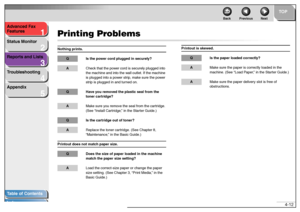 Page 461
2
3
4
5
TOP
Back Previous Next
4-12 Advanced Fax 
Features
Status Monitor
Reports and Lists
Troubleshooting
Appendix
Table of Contents
Index
Printing ProblemsNothing prints.
Q Is the power cord plugged in securely?ACheck that the power cord is securely plugged into 
the machine and into the wall outlet. If the machine 
is plugged into a power strip, make sure the power 
strip is plugged in and turned on.Q Have you removed the plastic seal from the 
toner cartridge?AMake sure you remove the seal from...