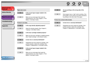 Page 471
2
3
4
5
TOP
Back Previous Next
4-13 Advanced Fax 
Features
Status Monitor
Reports and Lists
Troubleshooting
Appendix
Table of Contents
Index
Paper jams occur.
Q Is the correct type of paper loaded in the 
machine?AMake sure you load paper that meets the 
requirements for use. (See Chapter 3, “Print 
Media,” in the Basic Guide.)
Printout is not clear.Q Is the copy density adjusted properly?AAdjust the density properly. (See Chapter 6, 
“Copying,” in the Basic Guide.)Q Is the toner cartridge installed...