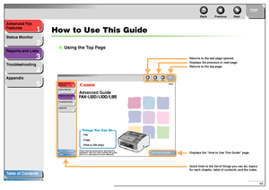 Page 81
2
3
4
5
TOP
Back Previous Next
vii Advanced Fax 
Features
Status Monitor
Reports and Lists
Troubleshooting
Appendix
Table of Contents
Index
How to Use This Guide
■Using the Top Page
1
2
3
4
5
ENG
Advanced Fax 
Features
Status Monitor
Reports and Lists
Troubleshooting
Appendix
Table of Contents
IndexHow to Use This GuideTO P
Back Previous Next
Things You Can DoAdvanced Guide- Fax
- Copy
- Print (L120 only)Please read this guide before operating this 
equipment. After you finish reading this guide,...