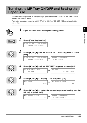 Page 101Using the MP Tray2-25
2
Getting Started
Turning the MP Tray ON/OFF and Setting the 
Paper Size
To use the MP tray as one of the input trays, you need to select ‘USE’ for MP TRAY in the 
PAPER SETTINGS menu.
Follow the procedure below to set MP TRAY to ‘USE’ or ‘DO NOT USE’, and to select the 
paper size.
1Open all three one-touch speed dialing panels.
2Press [Data Registration].
3Press [▼] or [▲] until  appears ➞ press 
[OK].
4Press [▼] or [▲] until  appears ➞ press [OK].
5Press [▼] or [▲] to display  ➞...