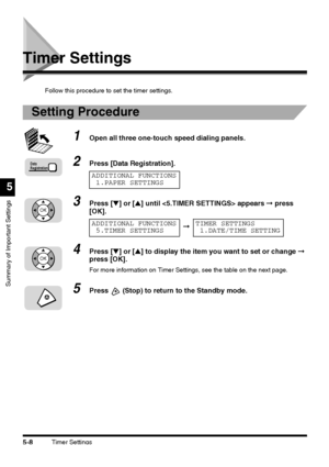 Page 146Timer Settings5-8
Summary of Important Settings
5
Timer Settings
Follow this procedure to set the timer settings.
Setting Procedure
1Open all three one-touch speed dialing panels.
2Press [Data Registration].
3Press [▼] or [▲] until  appears ➞ press 
[OK].
4Press [▼] or [▲] to display the item you want to set or change ➞ 
press [OK].
For more information on Timer Settings, see the table on the next page.
5Press  (Stop) to return to the Standby mode.
Data
Registration
ADDITIONAL FUNCTIONS
1.PAPER SETTINGS...