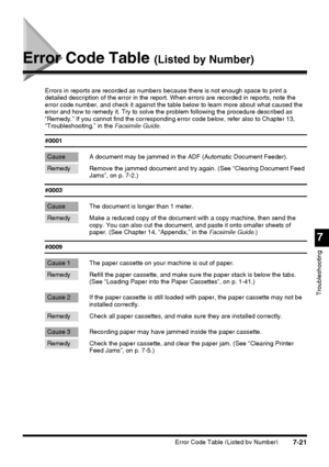 Page 197Error Code Table (Listed by Number)7-21
7
Troubleshooting
Error Code Table (Listed by Number)
Errors in reports are recorded as numbers because there is not enough space to print a 
detailed description of the error in the report. When errors are recorded in reports, note the 
error code number, and check it against the table below to learn more about what caused the 
error and how to remedy it. Try to solve the problem following the procedure described as 
“Remedy.” If you cannot find the corresponding...