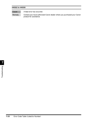 Page 198Error Code Table (Listed by Number)7-22
Troubleshooting
7
##0322 to ##0330
Cause A fatal error has occurred.
Remedy Contact your local authorized Canon dealer where you purchased your Canon 
product for assistance.
 