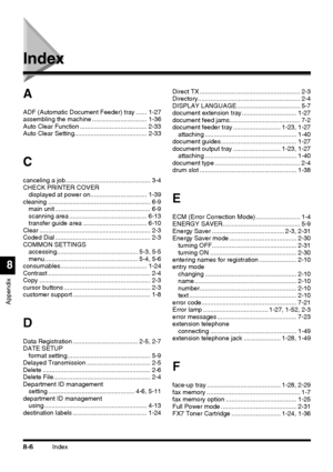 Page 208Index8-6
Appendix
8
Index
A
ADF (Automatic Document Feeder) tray ...... 1-27
assembling the machine ............................... 1-36
Auto Clear Function ...................................... 2-33
Auto Clear Setting......................................... 2-33
C
canceling a job ................................................ 3-4
CHECK PRINTER COVER
displayed at power on................................ 1-39
cleaning .......................................................... 6-9
main unit...