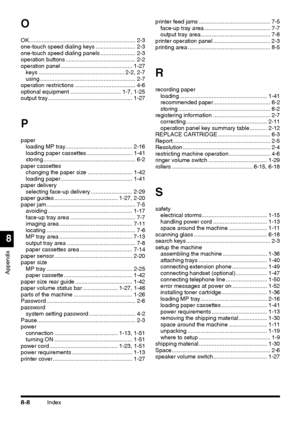 Page 210Index8-8
Appendix
8
O
OK................................................................... 2-3
one-touch speed dialing keys ......................... 2-3
one-touch speed dialing panels ...................... 2-3
operation buttons ............................................ 2-2
operation panel ............................................. 1-27
keys ...................................................... 2-2, 2-7
using ............................................................ 2-7
operation restrictions...