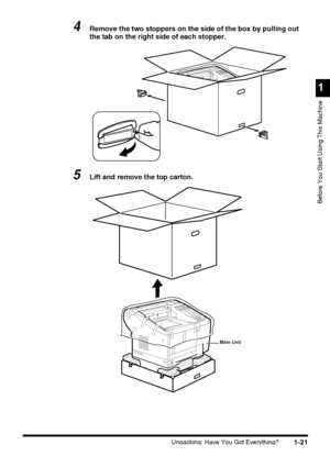 Page 43Unpacking: Have You Got Everything?
1
Before You Start Using This Machine
1-21
4Remove the two stoppers on the side of the box by pulling out 
the tab on the right side of each stopper.
5Lift and remove the top carton.
Main Unit
 